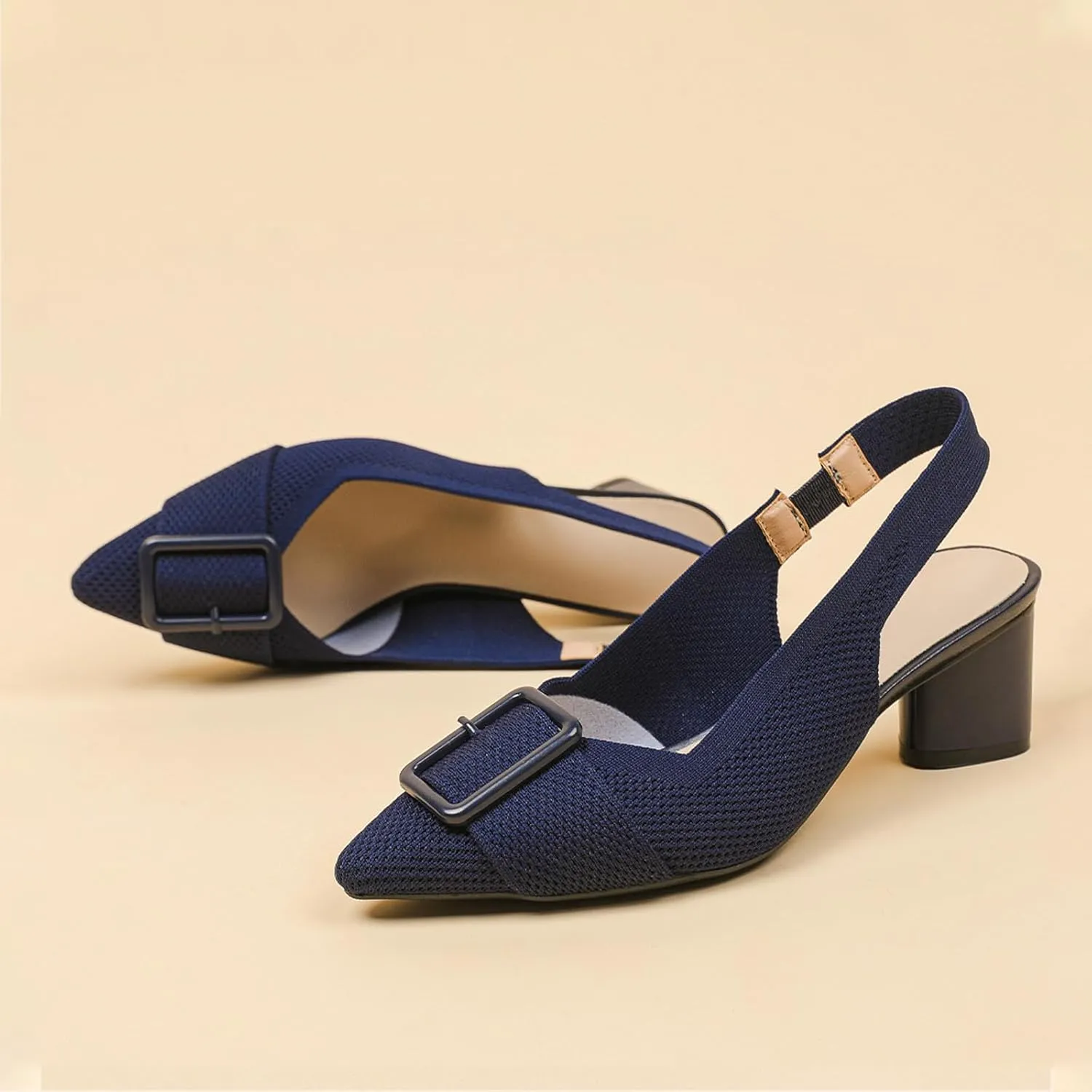 Women'S Knitted Elastic Strap Slingback chunky Heels Pumps Comfortable breathe Closed Pointed Toe mid block heel sandals Casual Party Dress Work Office Heels