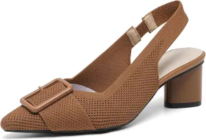 Women'S Knitted Elastic Strap Slingback chunky Heels Pumps Comfortable breathe Closed Pointed Toe mid block heel sandals Casual Party Dress Work Office Heels