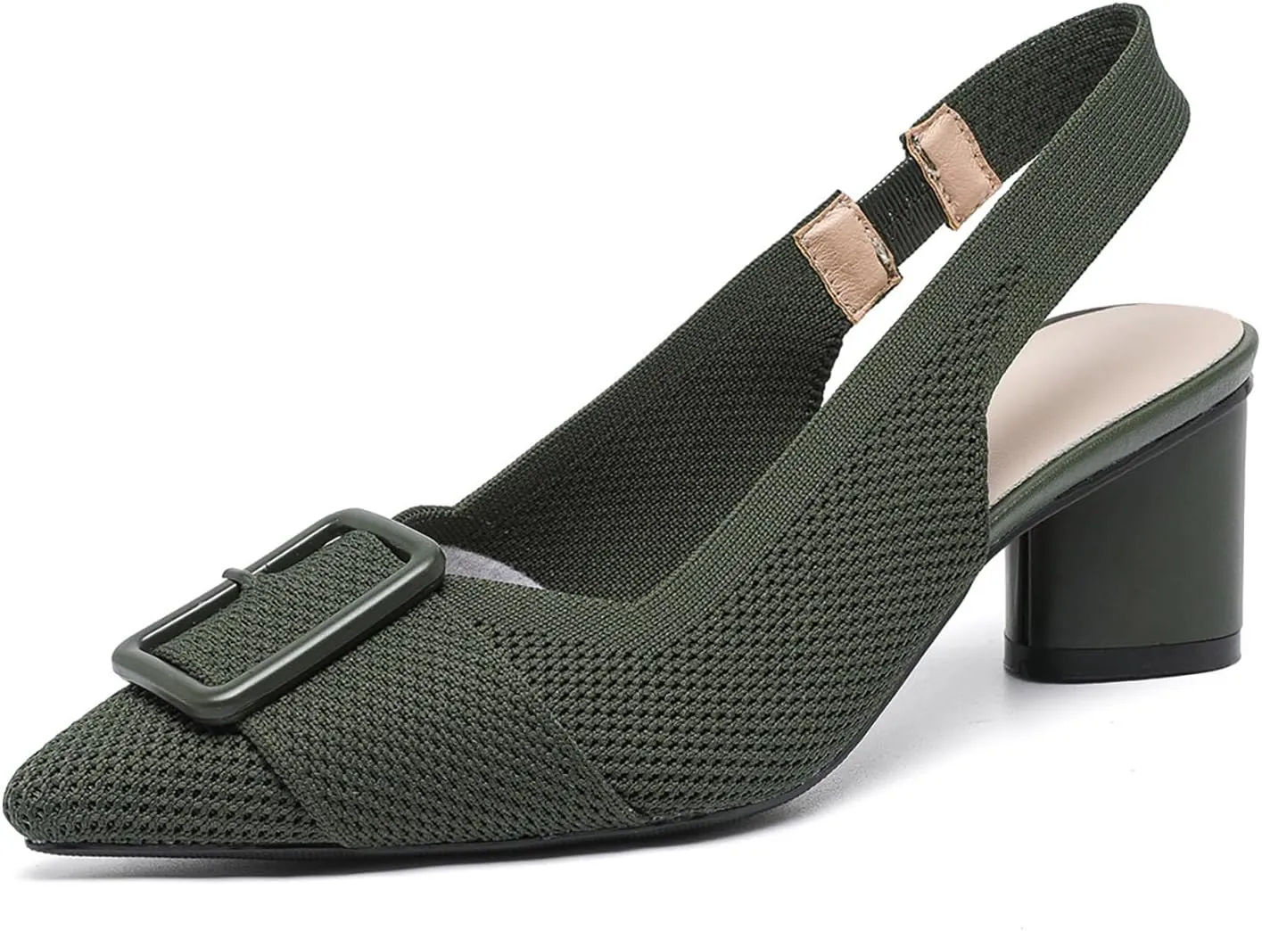 Women'S Knitted Elastic Strap Slingback chunky Heels Pumps Comfortable breathe Closed Pointed Toe mid block heel sandals Casual Party Dress Work Office Heels