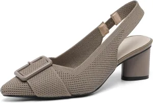 Women'S Knitted Elastic Strap Slingback chunky Heels Pumps Comfortable breathe Closed Pointed Toe mid block heel sandals Casual Party Dress Work Office Heels