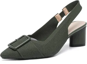 Women'S Knitted Elastic Strap Slingback chunky Heels Pumps Comfortable breathe Closed Pointed Toe mid block heel sandals Casual Party Dress Work Office Heels