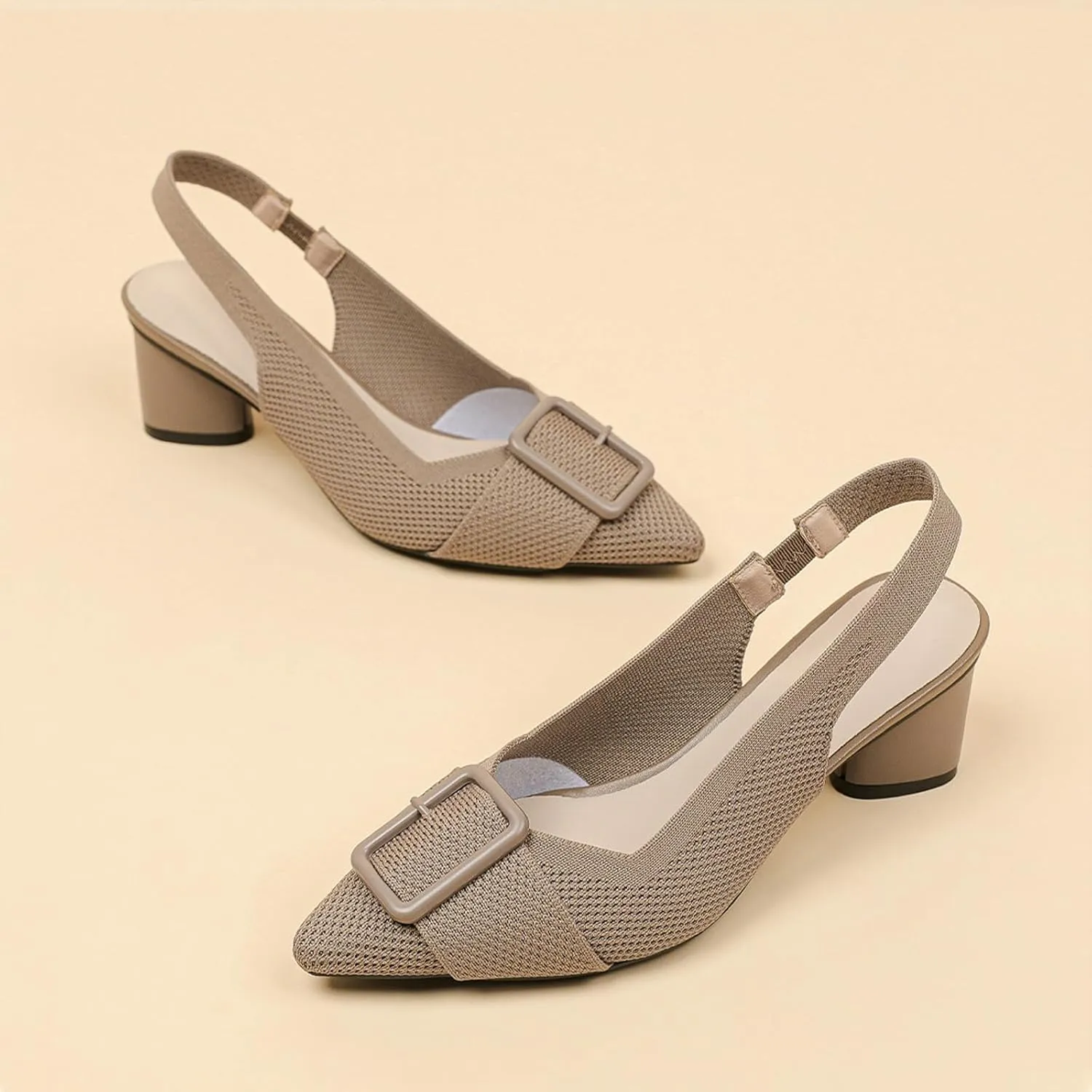 Women'S Knitted Elastic Strap Slingback chunky Heels Pumps Comfortable breathe Closed Pointed Toe mid block heel sandals Casual Party Dress Work Office Heels