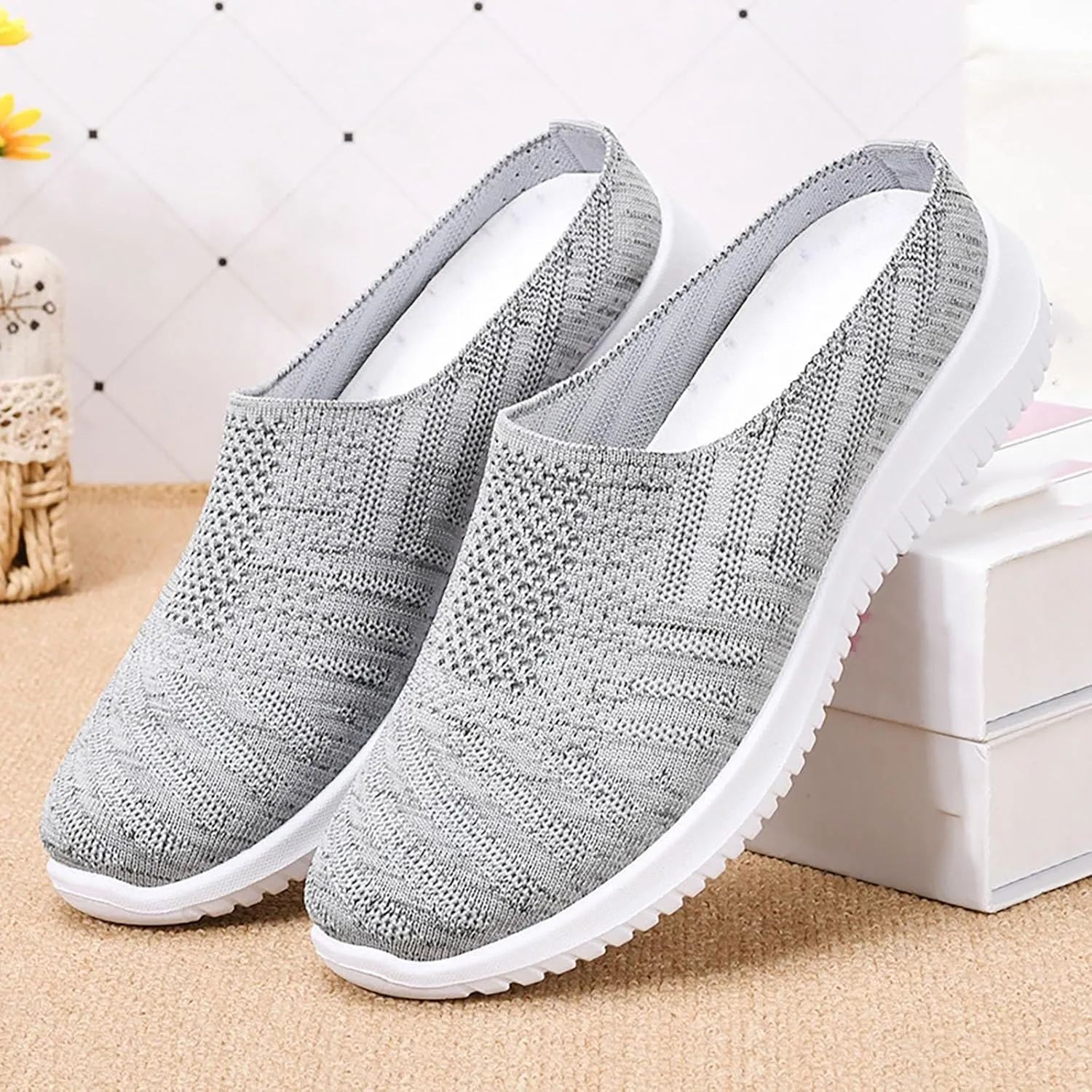 Women's Knitted Slip On Lightweight Mule Sneakers, Comfort Open Back Flats Fashion Mesh Breathe Loafer