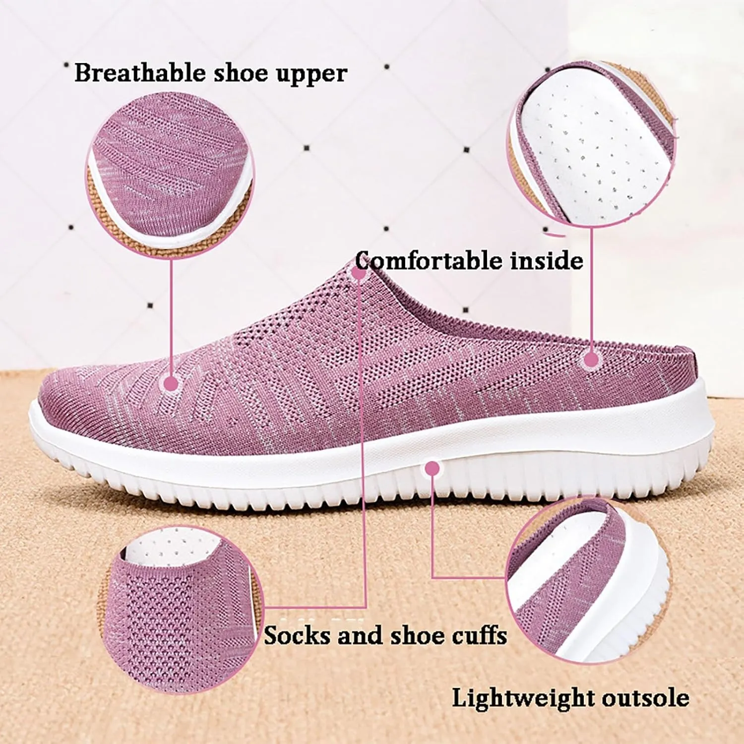 Women's Knitted Slip On Lightweight Mule Sneakers, Comfort Open Back Flats Fashion Mesh Breathe Loafer