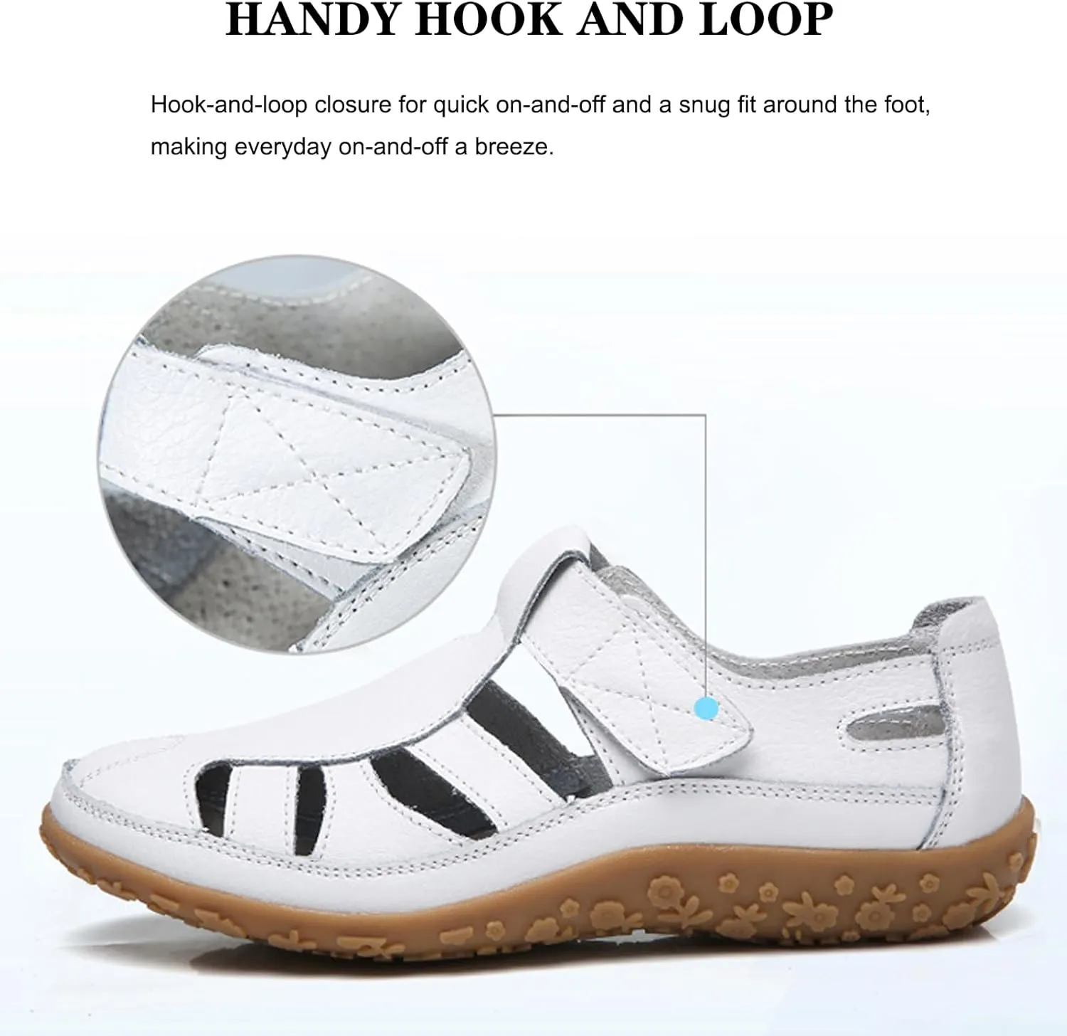 Women's Leather Cutout Hook and Loop Soft Sole Slip On Loafers with Arch Support,Comfortable Breathable Outdoor Walking Shoes Fashion Casual Shoes