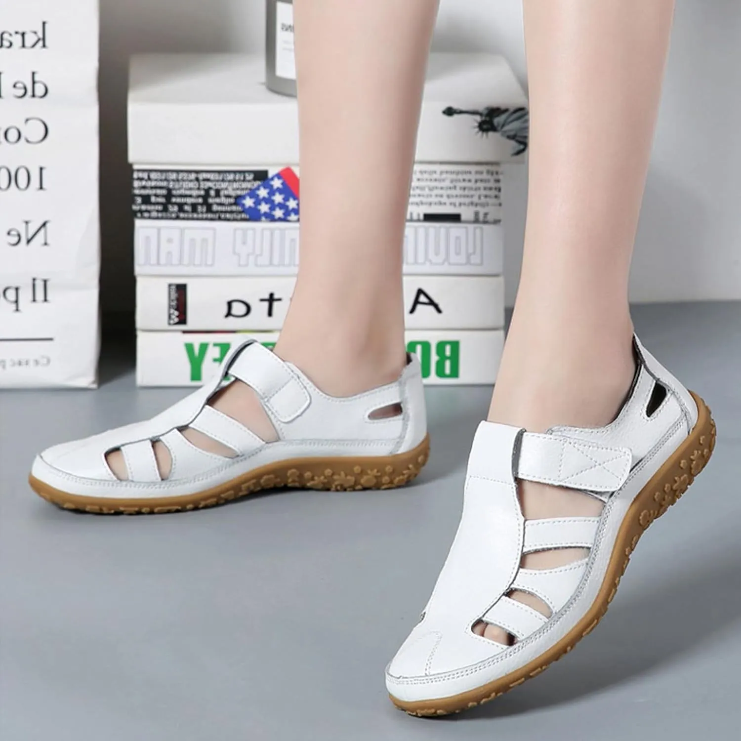Women's Leather Cutout Hook and Loop Soft Sole Slip On Loafers with Arch Support,Comfortable Breathable Outdoor Walking Shoes Fashion Casual Shoes
