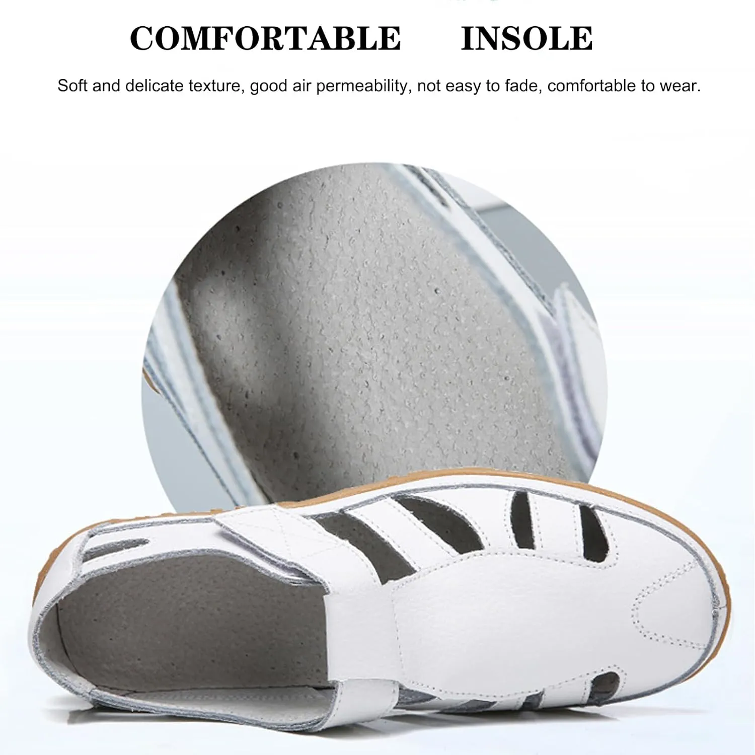 Women's Leather Cutout Hook and Loop Soft Sole Slip On Loafers with Arch Support,Comfortable Breathable Outdoor Walking Shoes Fashion Casual Shoes