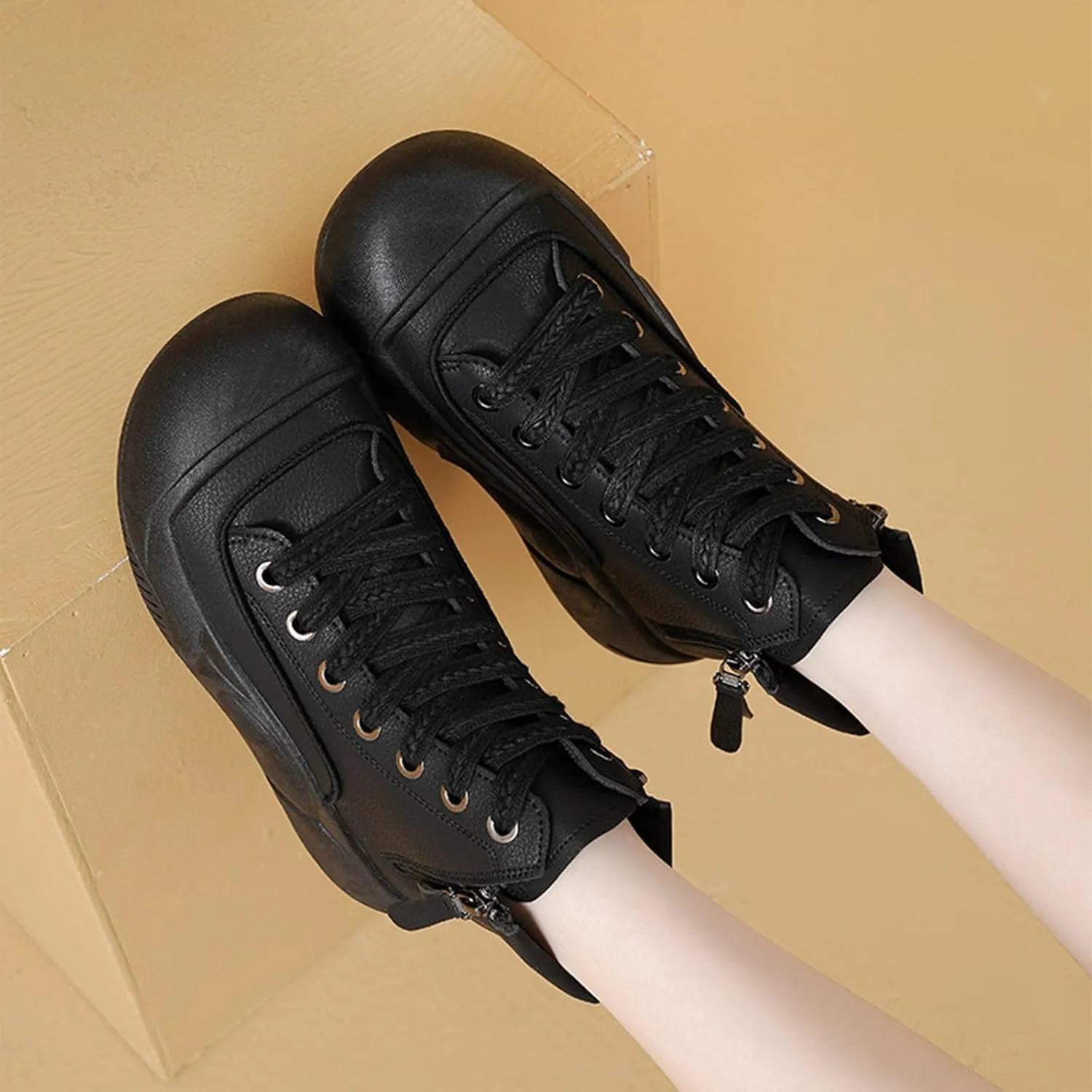 Women's Leather Lace Up Platform Height Increasing Sneakers Fashion Comfortable Round Toe Casual Walking Shoes Side Zipper High Top Outdoor Sports Trainers