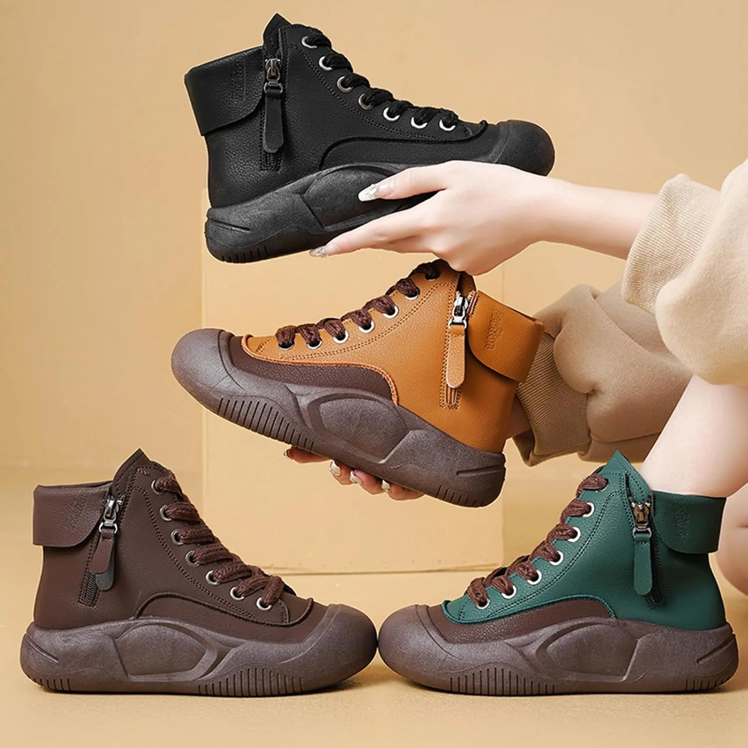 Women's Leather Lace Up Platform Height Increasing Sneakers Fashion Comfortable Round Toe Casual Walking Shoes Side Zipper High Top Outdoor Sports Trainers