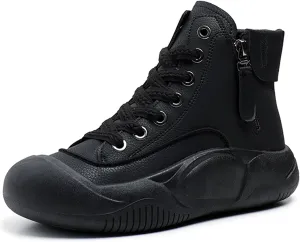 Women's Leather Lace Up Platform Height Increasing Sneakers Fashion Comfortable Round Toe Casual Walking Shoes Side Zipper High Top Outdoor Sports Trainers