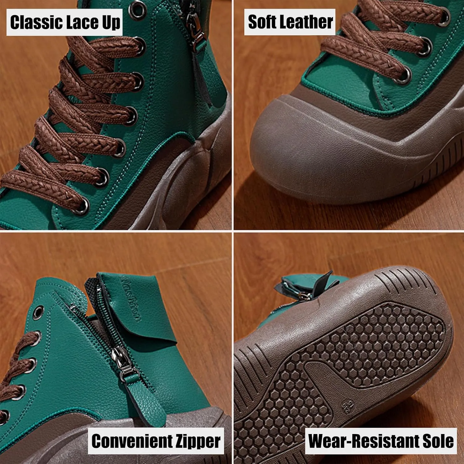 Women's Leather Lace Up Platform Height Increasing Sneakers Fashion Comfortable Round Toe Casual Walking Shoes Side Zipper High Top Outdoor Sports Trainers