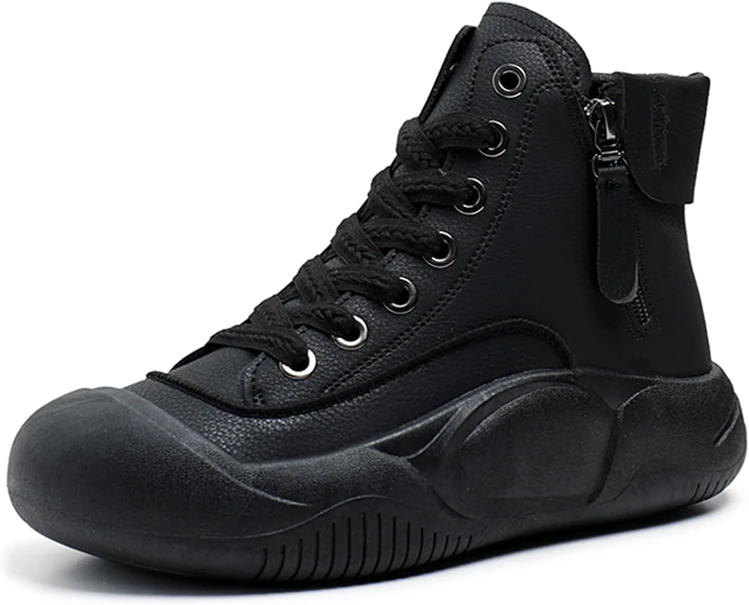 Women's Leather Lace Up Platform Height Increasing Sneakers Fashion Comfortable Round Toe Casual Walking Shoes Side Zipper High Top Outdoor Sports Trainers