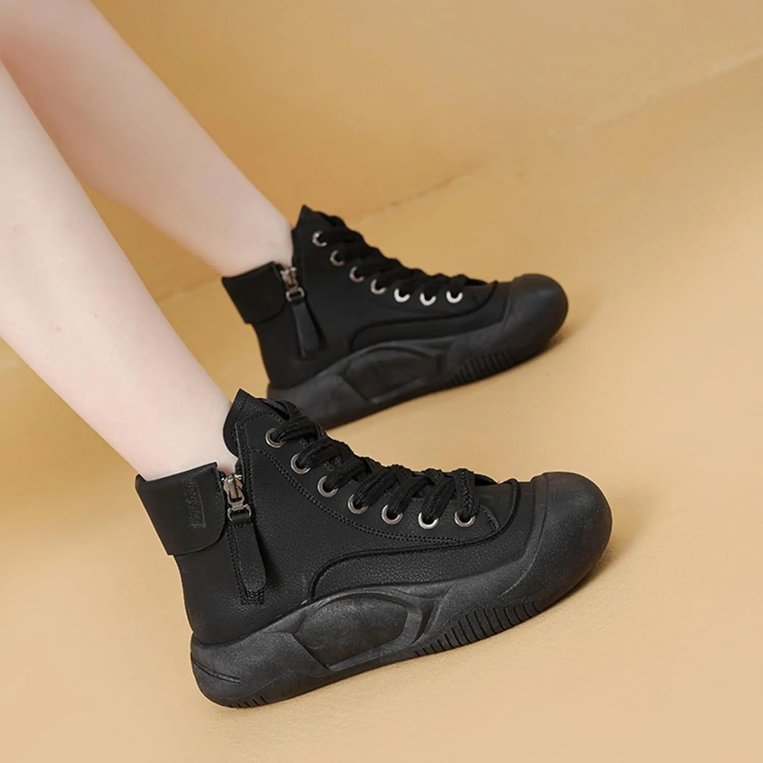 Women's Leather Lace Up Platform Height Increasing Sneakers Fashion Comfortable Round Toe Casual Walking Shoes Side Zipper High Top Outdoor Sports Trainers