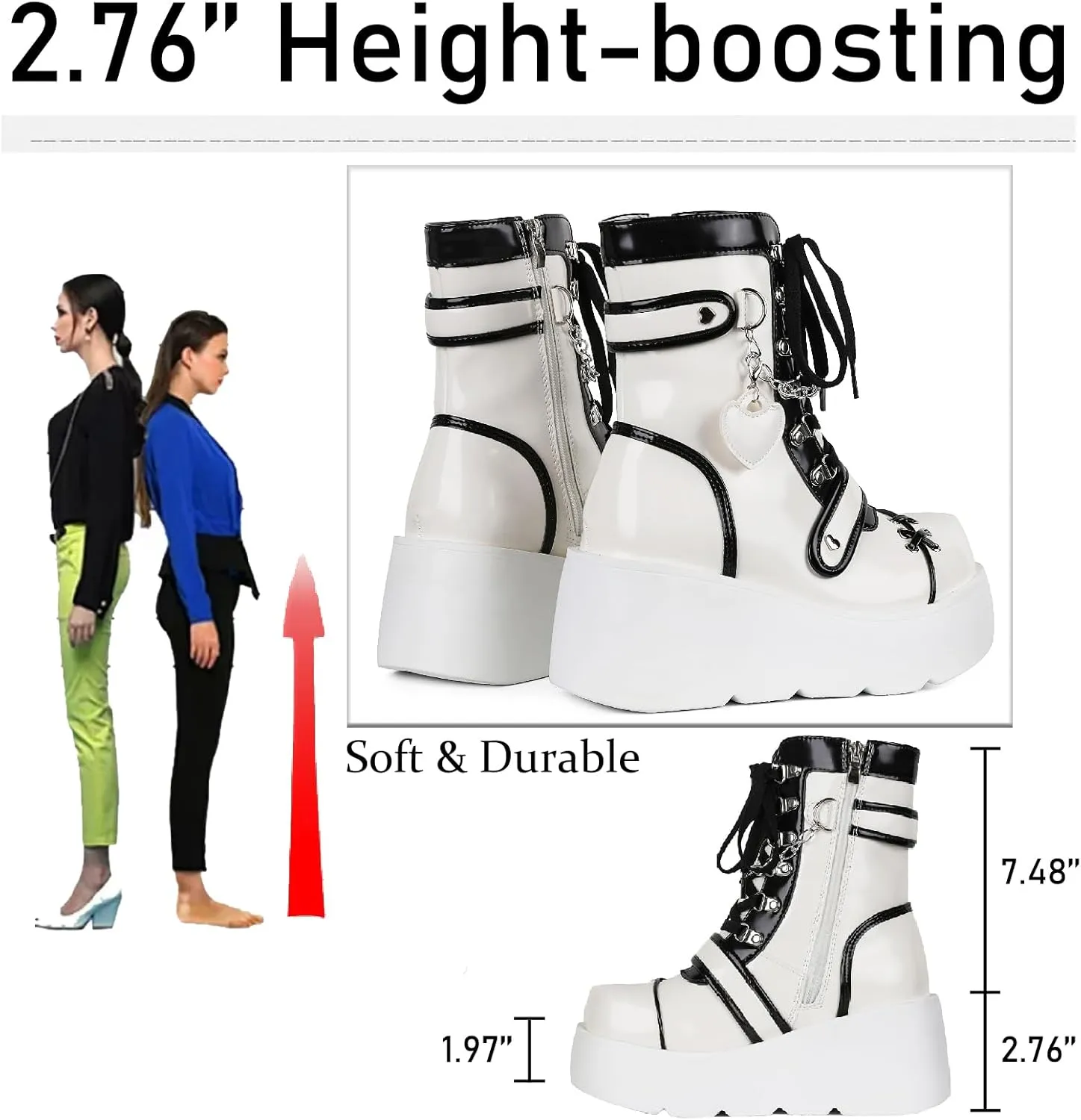 Women's Leather Platform Goth Rave Ankle Boots With Side Zipper Comfort Round Toe Lug Sole Wedge High Heel Kawaii Booties Cute Chain Lace Up Punk Y2K Combat Boots