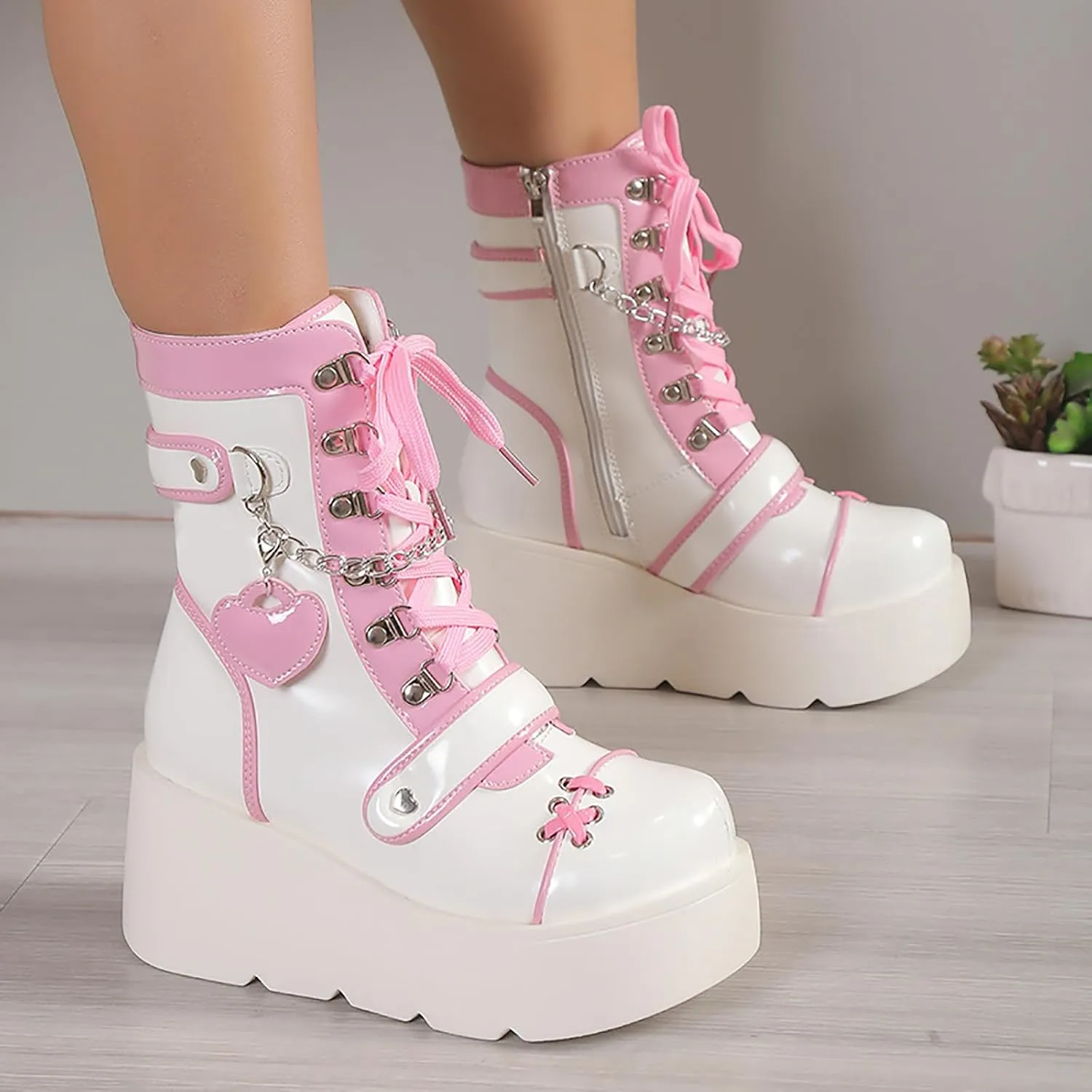 Women's Leather Platform Goth Rave Ankle Boots With Side Zipper Comfort Round Toe Lug Sole Wedge High Heel Kawaii Booties Cute Chain Lace Up Punk Y2K Combat Boots
