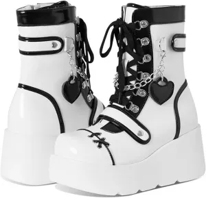 Women's Leather Platform Goth Rave Ankle Boots With Side Zipper Comfort Round Toe Lug Sole Wedge High Heel Kawaii Booties Cute Chain Lace Up Punk Y2K Combat Boots