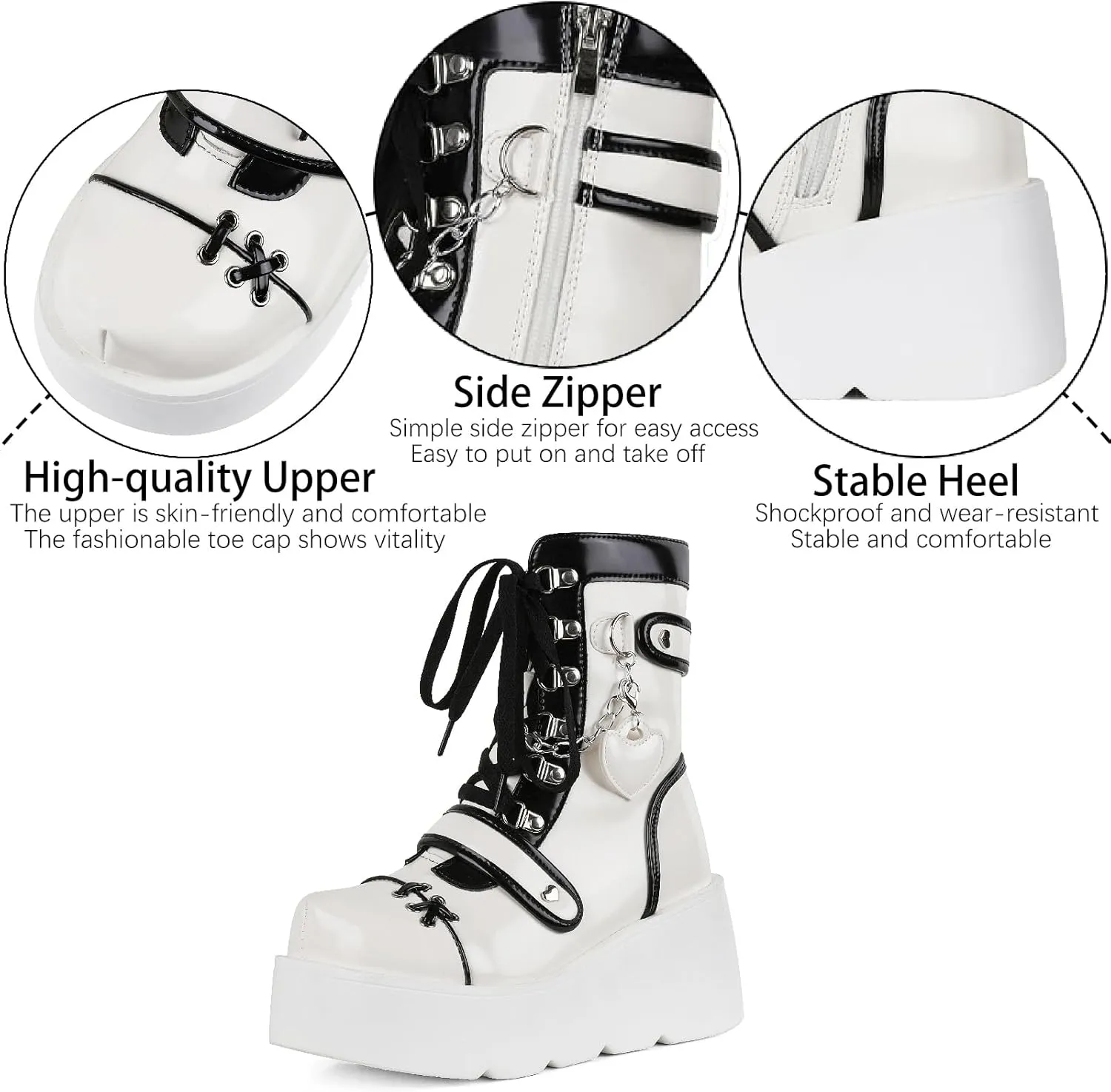 Women's Leather Platform Goth Rave Ankle Boots With Side Zipper Comfort Round Toe Lug Sole Wedge High Heel Kawaii Booties Cute Chain Lace Up Punk Y2K Combat Boots
