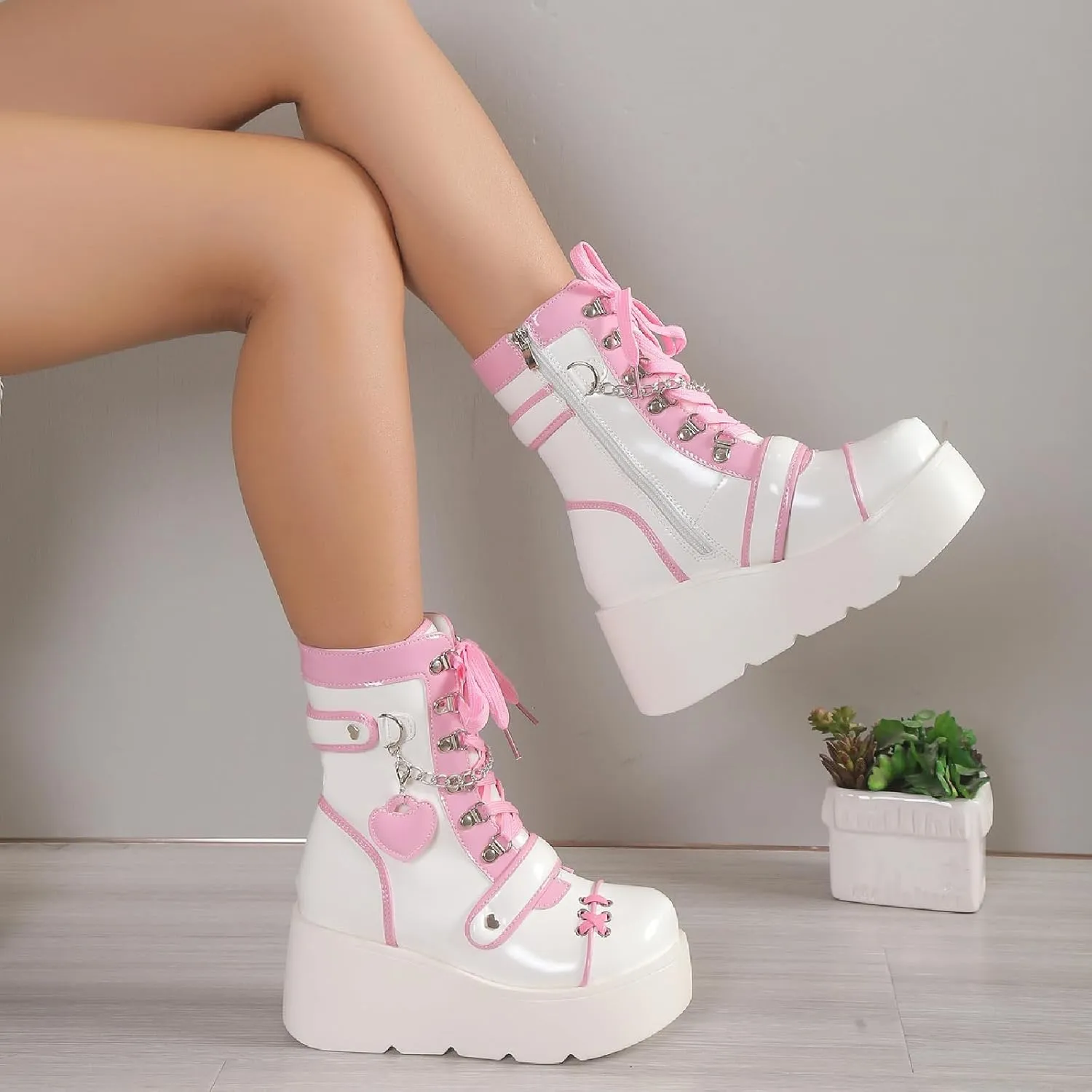 Women's Leather Platform Goth Rave Ankle Boots With Side Zipper Comfort Round Toe Lug Sole Wedge High Heel Kawaii Booties Cute Chain Lace Up Punk Y2K Combat Boots
