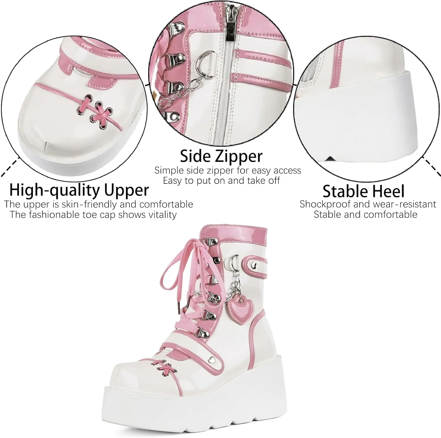Women's Leather Platform Goth Rave Ankle Boots With Side Zipper Comfort Round Toe Lug Sole Wedge High Heel Kawaii Booties Cute Chain Lace Up Punk Y2K Combat Boots