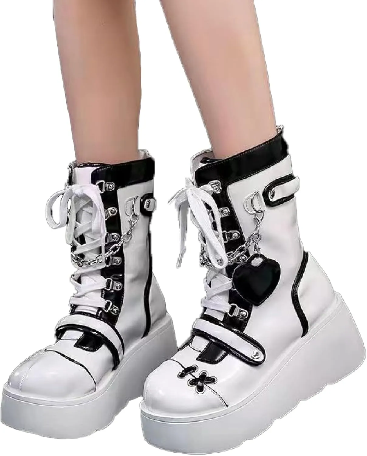 Women's Leather Platform Goth Rave Ankle Boots With Side Zipper Comfort Round Toe Lug Sole Wedge High Heel Kawaii Booties Cute Chain Lace Up Punk Y2K Combat Boots