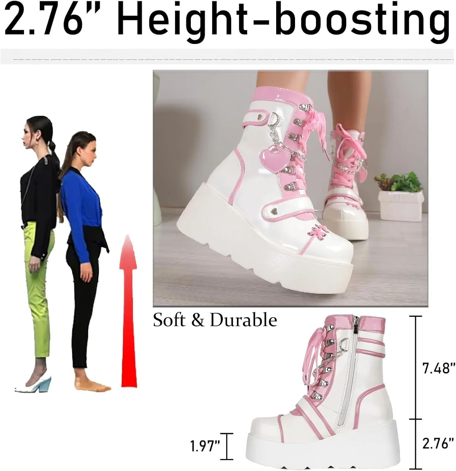 Women's Leather Platform Goth Rave Ankle Boots With Side Zipper Comfort Round Toe Lug Sole Wedge High Heel Kawaii Booties Cute Chain Lace Up Punk Y2K Combat Boots