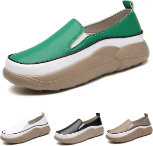 Women's Leather Soft Slip-On Loafers,Round Toe Platform Casual Sneakers,Non-Slip Heighten Low Top Comfortable Walking Loafers