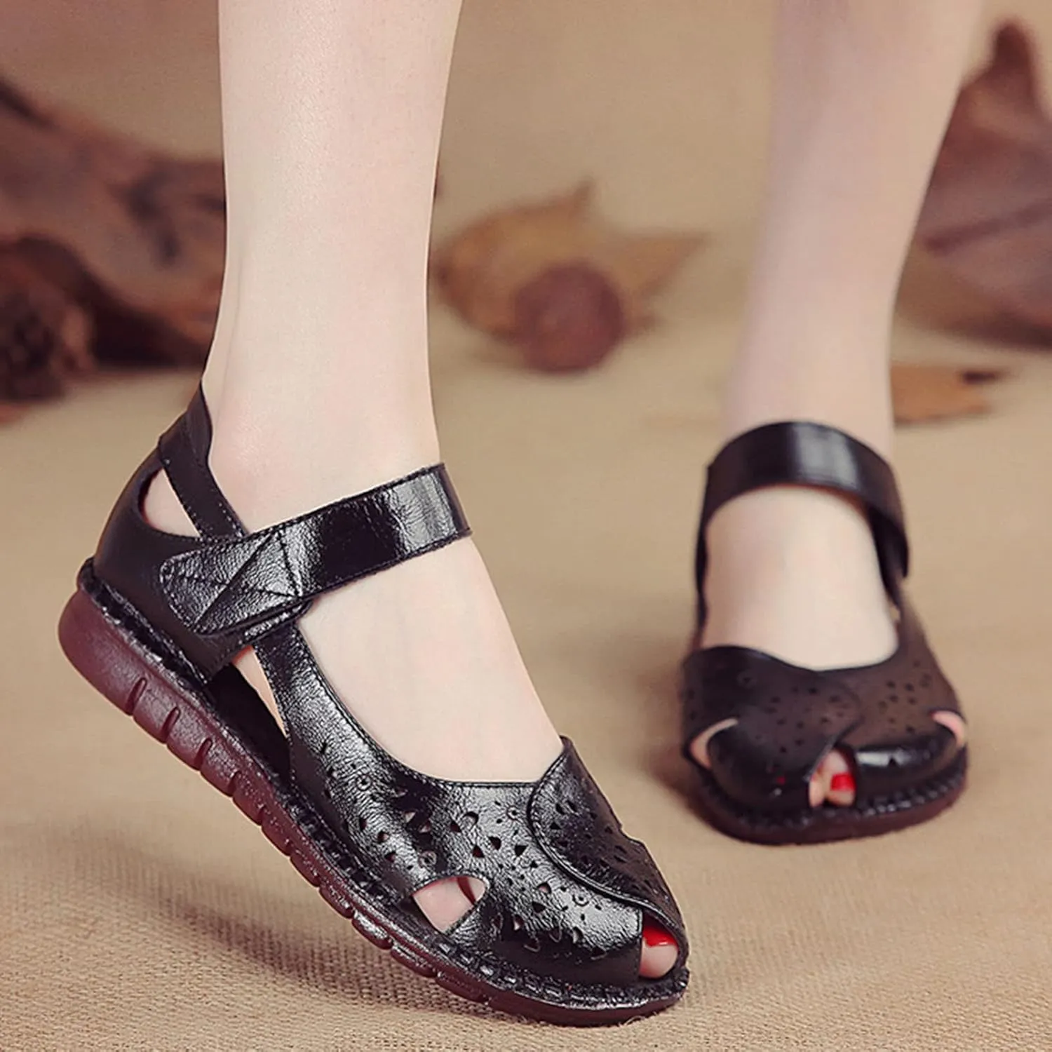 Women's Leather Vintage Closed-toe Sandals,Comfy Breathe Anti-slip Softsole Adjustable Casual Dressy Mary Jane Shoes