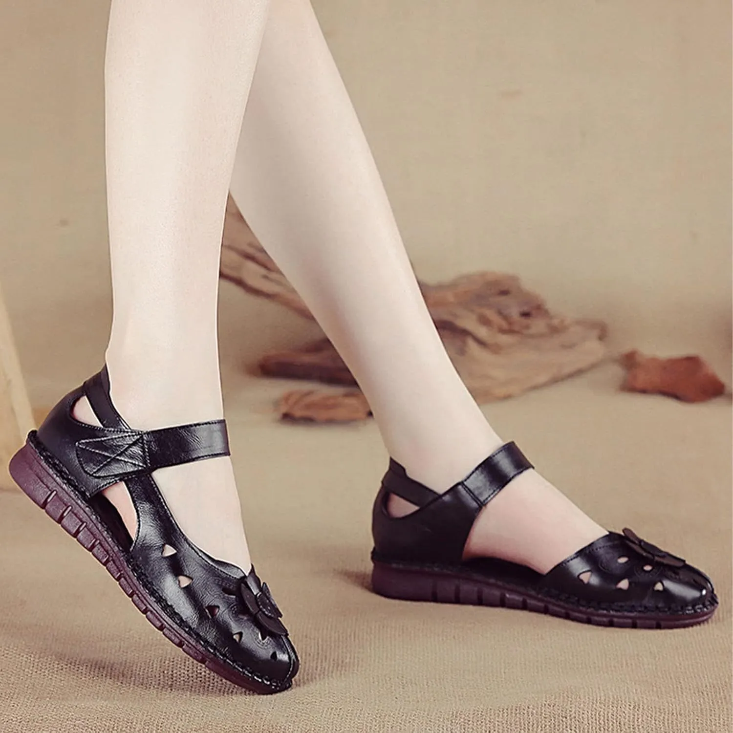 Women's Leather Vintage Closed-toe Sandals,Comfy Breathe Anti-slip Softsole Adjustable Casual Dressy Mary Jane Shoes