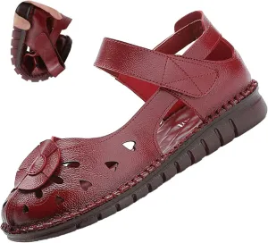 Women's Leather Vintage Closed-toe Sandals,Comfy Breathe Anti-slip Softsole Adjustable Casual Dressy Mary Jane Shoes