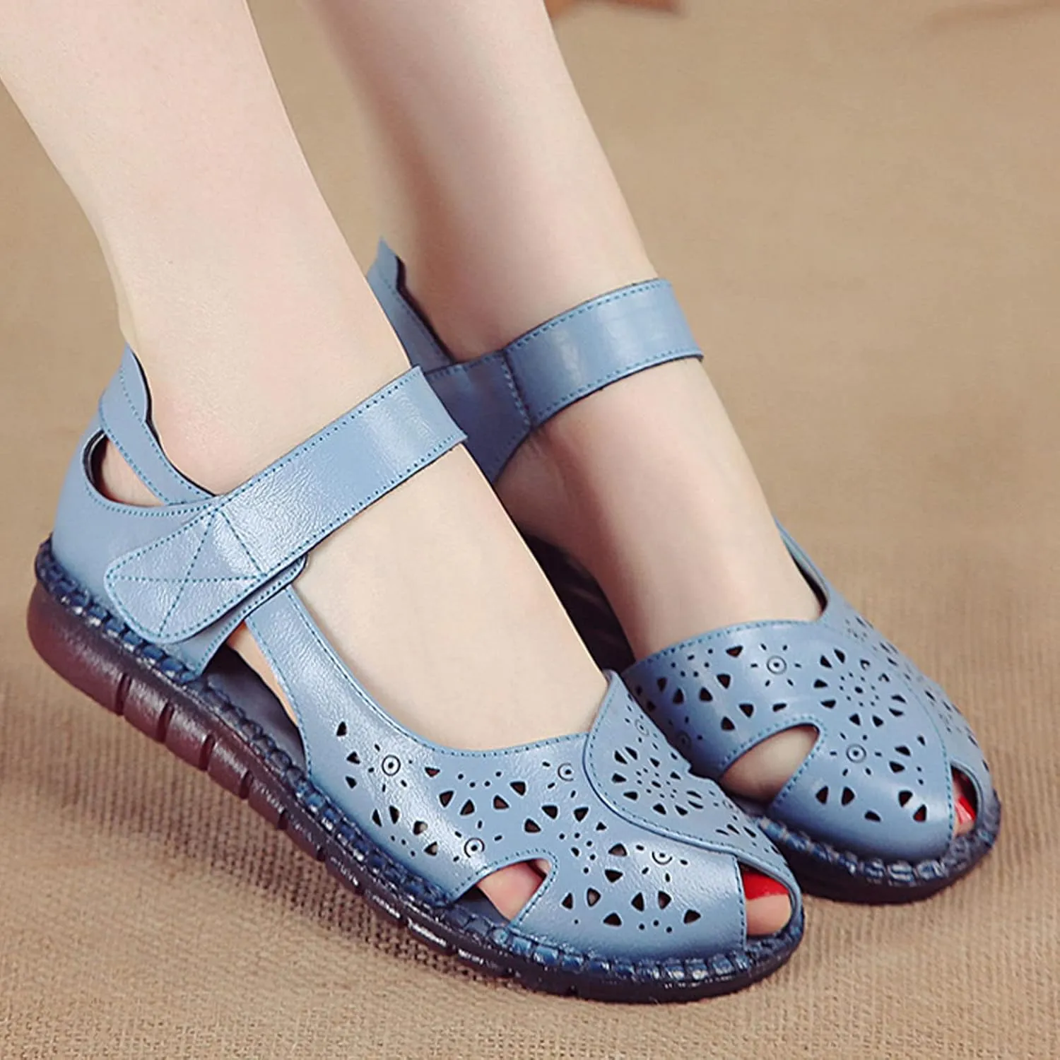 Women's Leather Vintage Closed-toe Sandals,Comfy Breathe Anti-slip Softsole Adjustable Casual Dressy Mary Jane Shoes