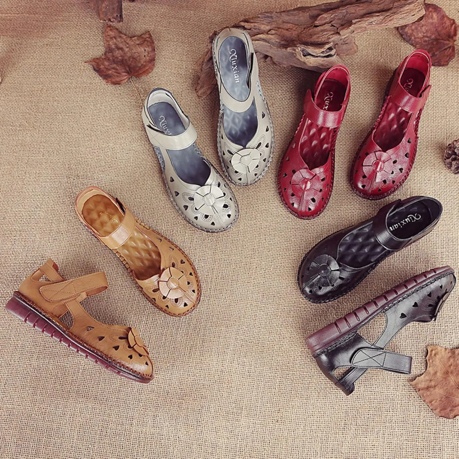 Women's Leather Vintage Closed-toe Sandals,Comfy Breathe Anti-slip Softsole Adjustable Casual Dressy Mary Jane Shoes