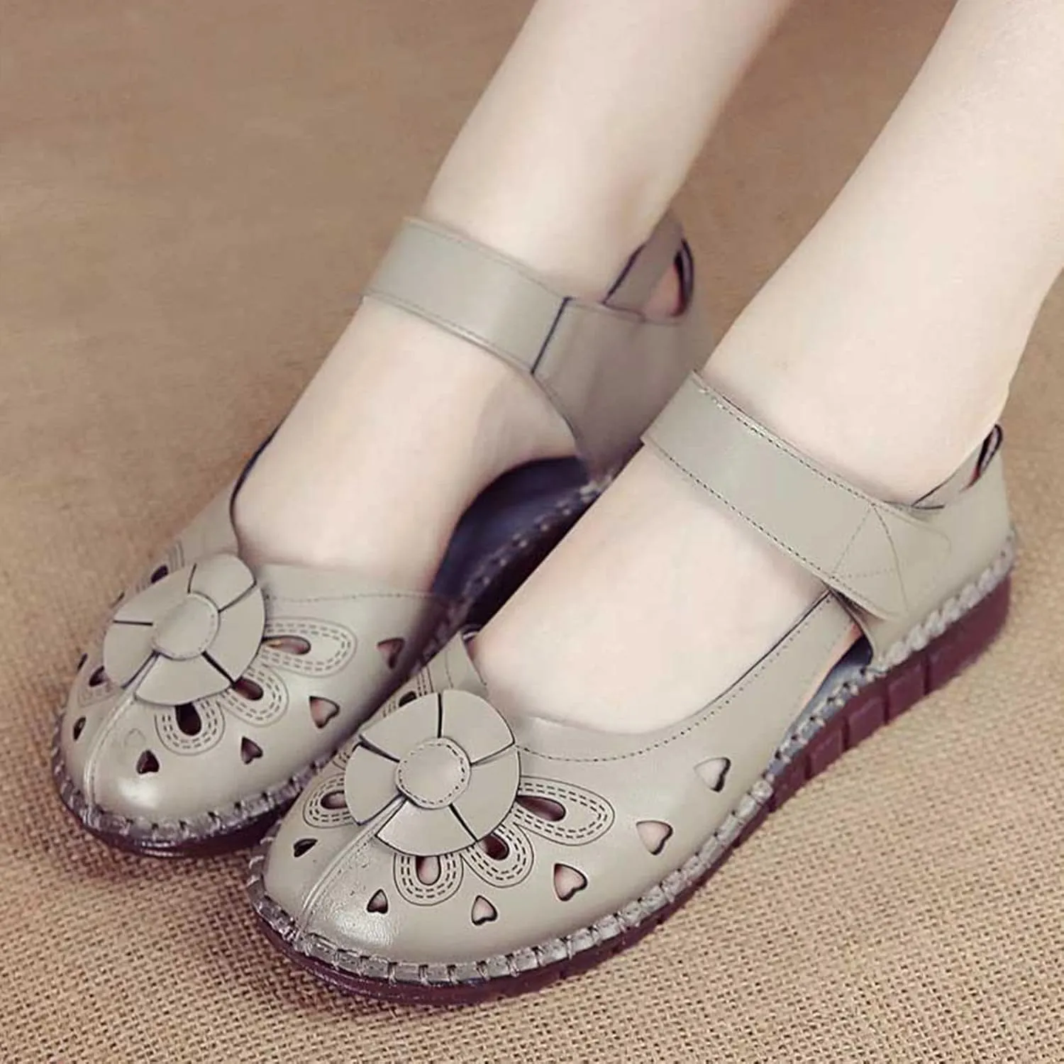 Women's Leather Vintage Closed-toe Sandals,Comfy Breathe Anti-slip Softsole Adjustable Casual Dressy Mary Jane Shoes