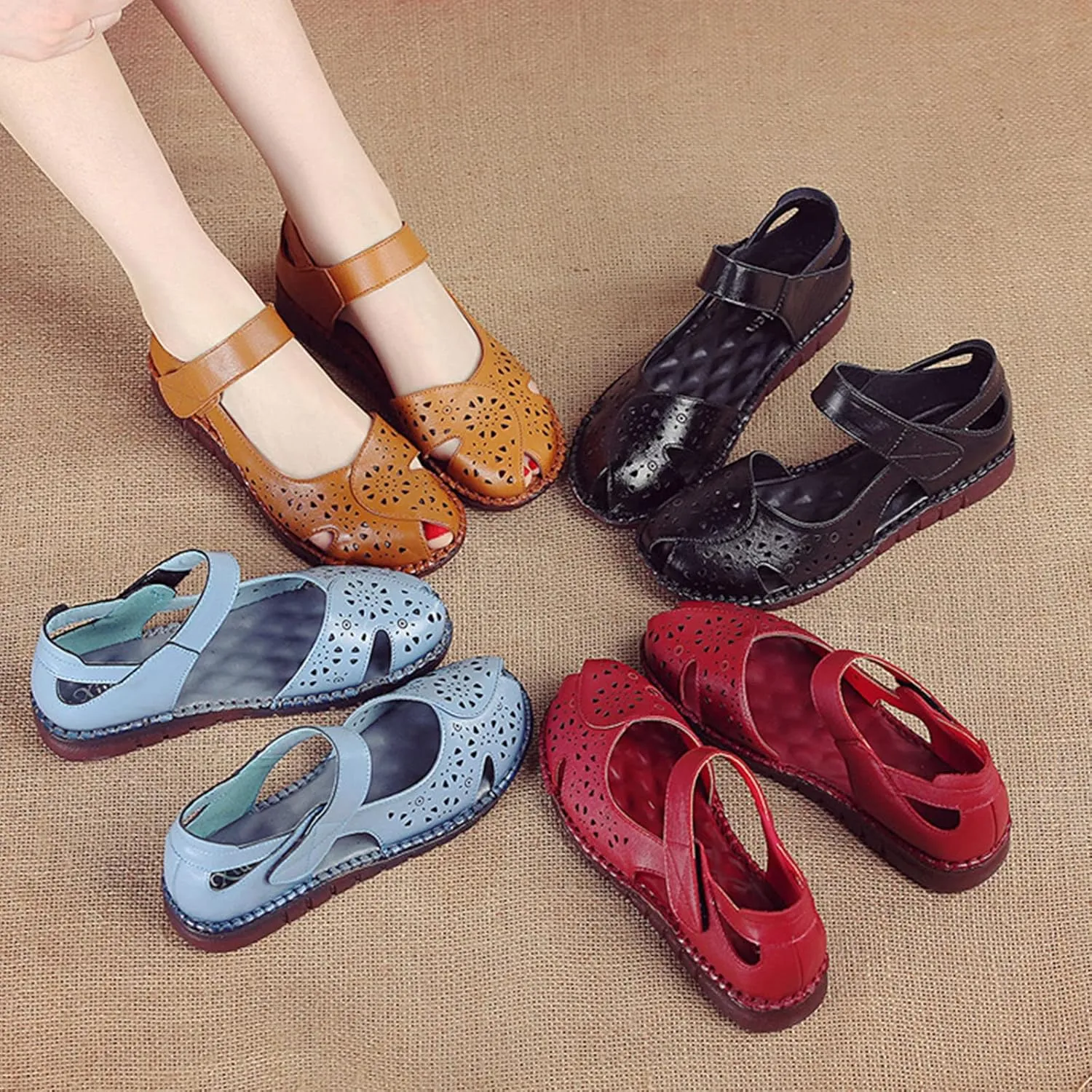 Women's Leather Vintage Closed-toe Sandals,Comfy Breathe Anti-slip Softsole Adjustable Casual Dressy Mary Jane Shoes