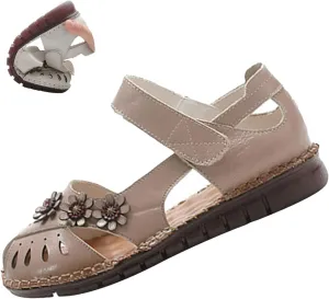 Women's Leather Vintage Closed-toe Sandals,Comfy Breathe Anti-slip Softsole Adjustable Casual Dressy Mary Jane Shoes