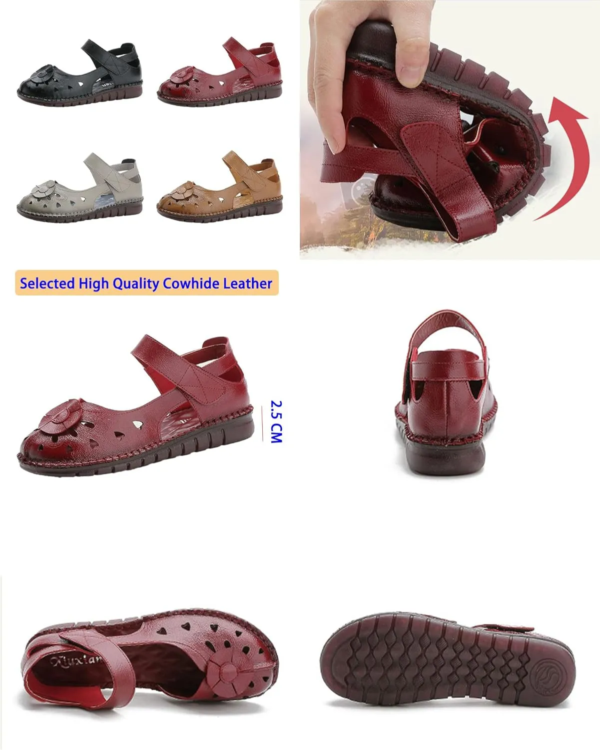 Women's Leather Vintage Closed-toe Sandals,Comfy Breathe Anti-slip Softsole Adjustable Casual Dressy Mary Jane Shoes