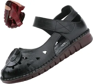 Women's Leather Vintage Closed-toe Sandals,Comfy Breathe Anti-slip Softsole Adjustable Casual Dressy Mary Jane Shoes