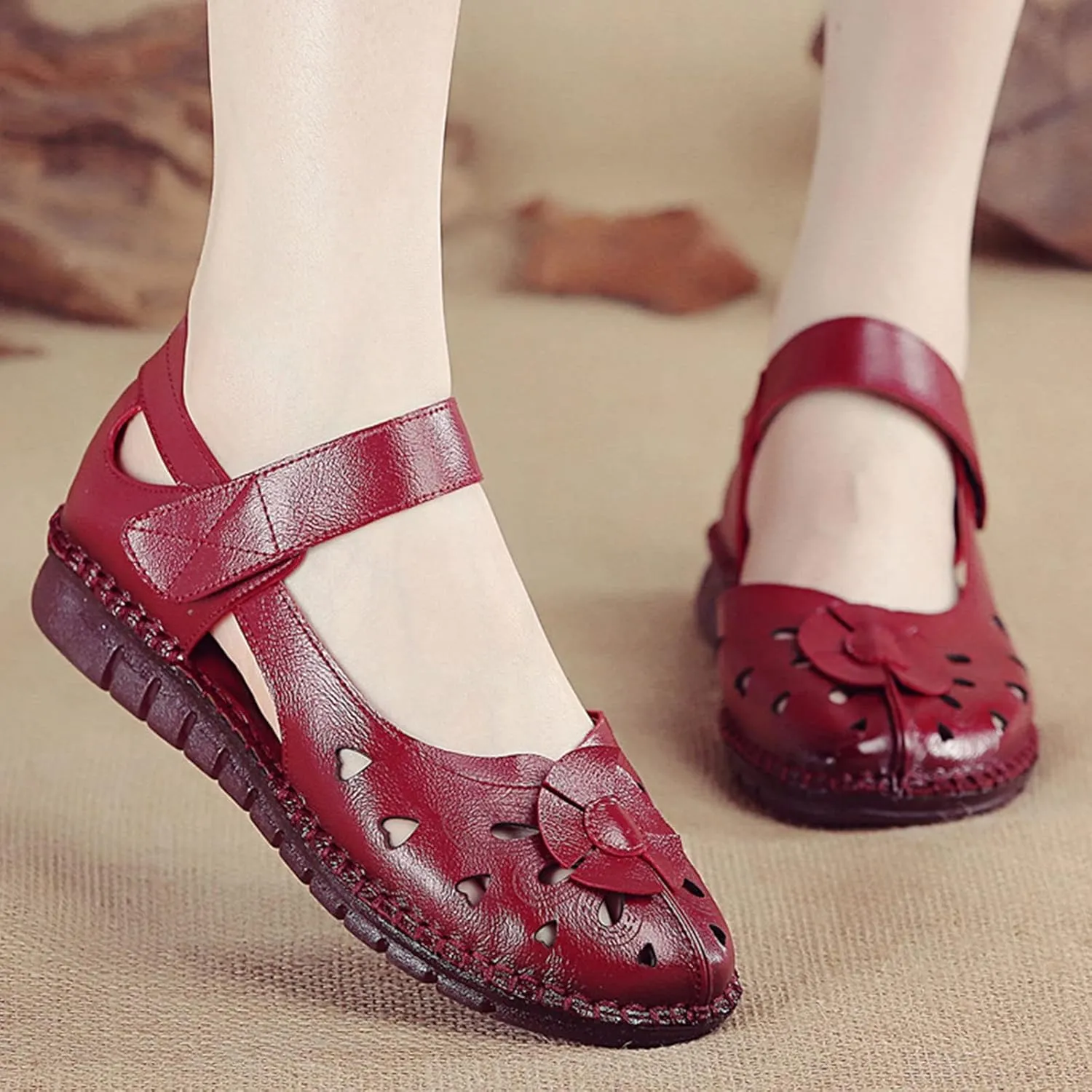 Women's Leather Vintage Closed-toe Sandals,Comfy Breathe Anti-slip Softsole Adjustable Casual Dressy Mary Jane Shoes