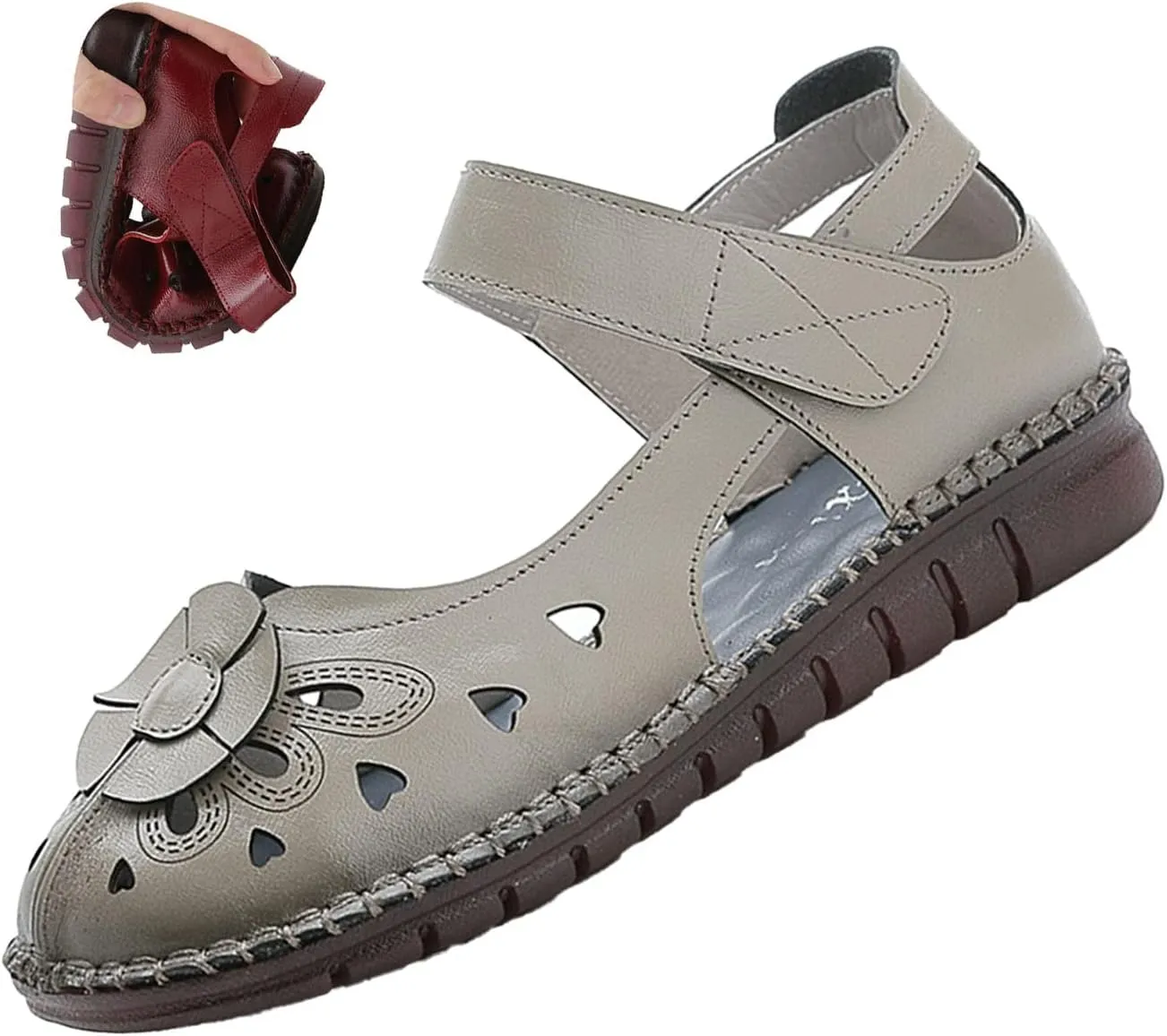Women's Leather Vintage Closed-toe Sandals,Comfy Breathe Anti-slip Softsole Adjustable Casual Dressy Mary Jane Shoes