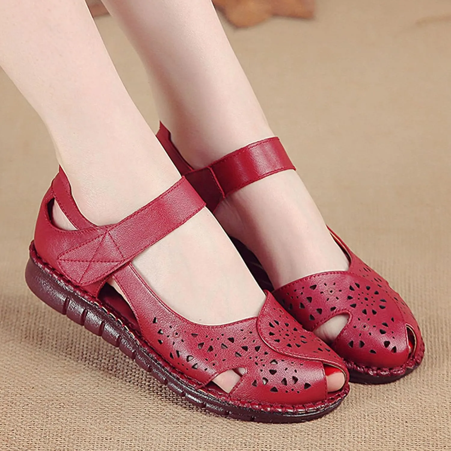 Women's Leather Vintage Closed-toe Sandals,Comfy Breathe Anti-slip Softsole Adjustable Casual Dressy Mary Jane Shoes