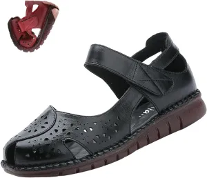 Women's Leather Vintage Closed-toe Sandals,Comfy Breathe Anti-slip Softsole Adjustable Casual Dressy Mary Jane Shoes