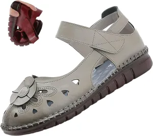 Women's Leather Vintage Closed-toe Sandals,Comfy Breathe Anti-slip Softsole Adjustable Casual Dressy Mary Jane Shoes