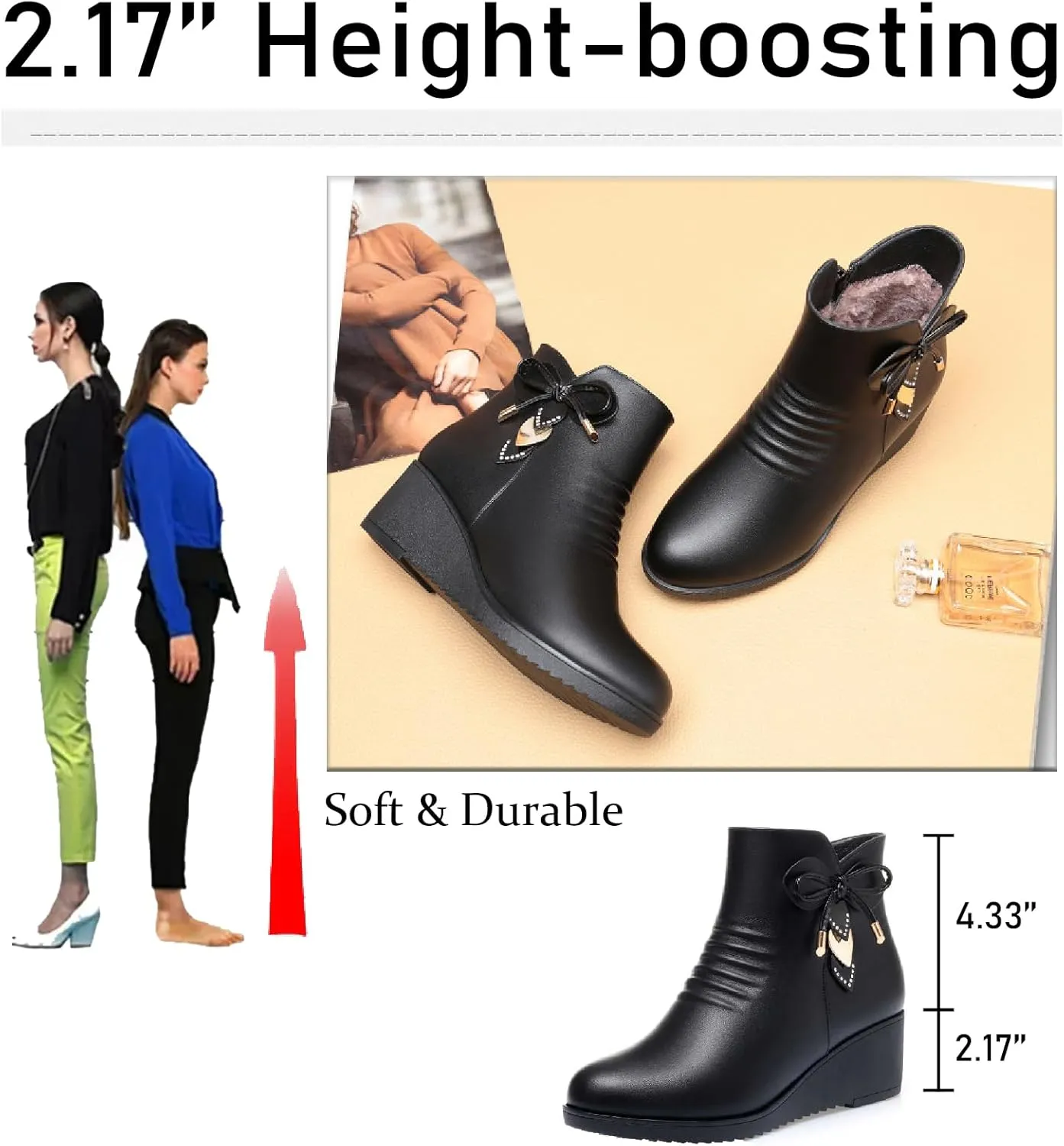 Women's Leather Wedge Ankle Boots with Side Zipper Warm Fur Lined Fashion Love Decor Comfortable Round Toe Anti-slip Platform Booties Winter Outdoor Work Walking Mom Boots