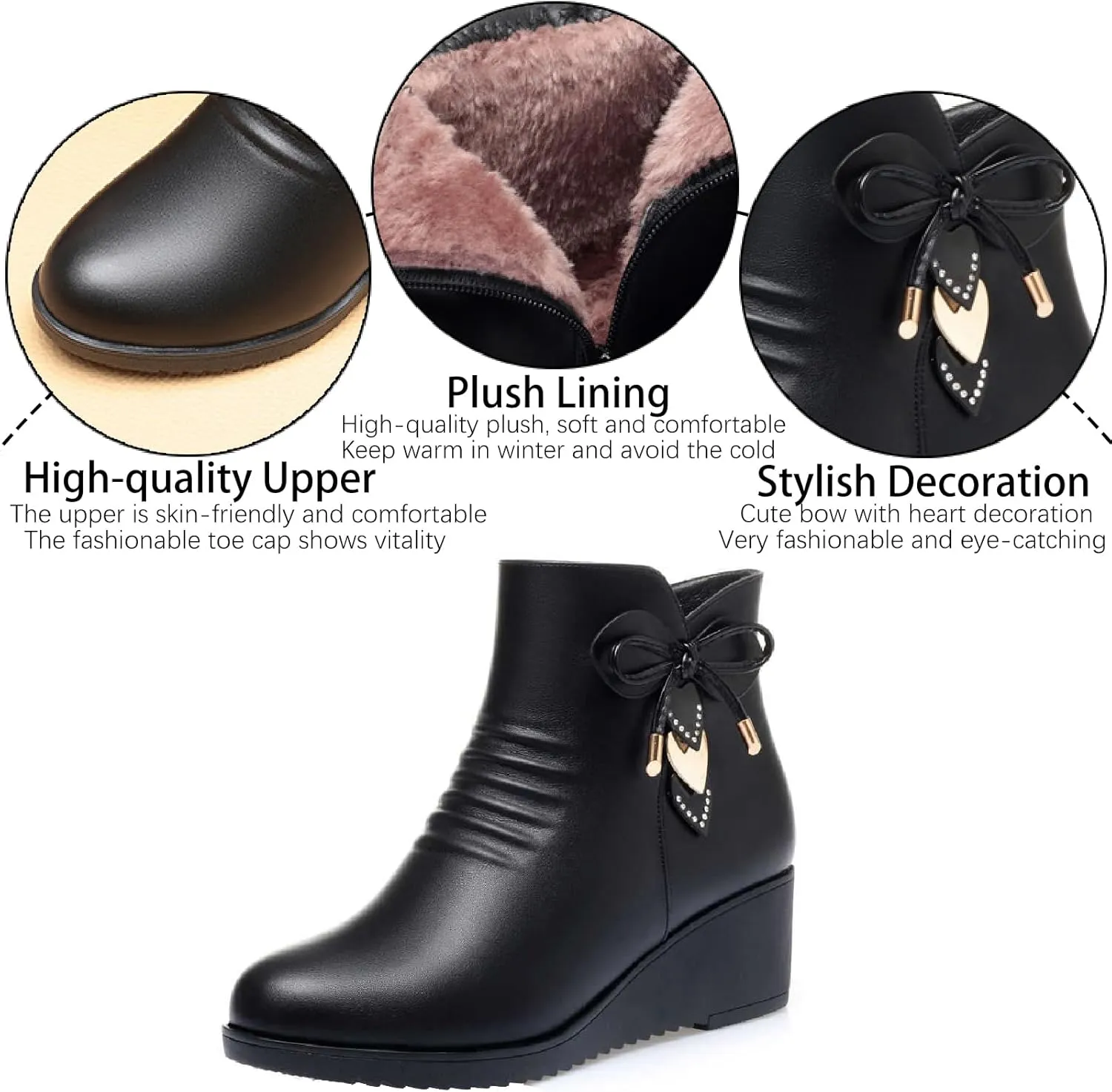 Women's Leather Wedge Ankle Boots with Side Zipper Warm Fur Lined Fashion Love Decor Comfortable Round Toe Anti-slip Platform Booties Winter Outdoor Work Walking Mom Boots