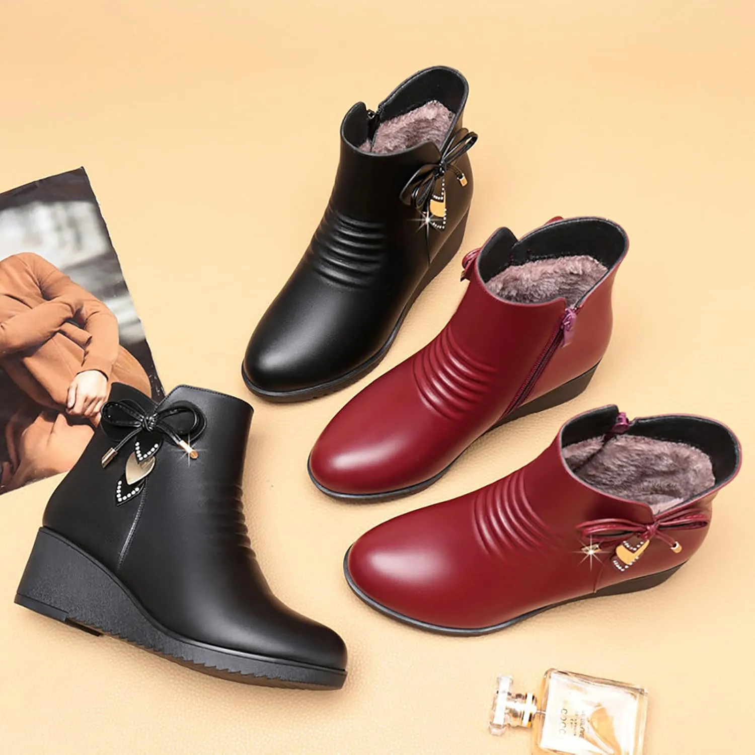 Women's Leather Wedge Ankle Boots with Side Zipper Warm Fur Lined Fashion Love Decor Comfortable Round Toe Anti-slip Platform Booties Winter Outdoor Work Walking Mom Boots