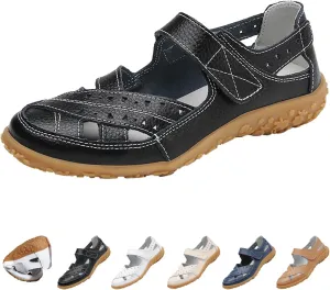 Women's Leather Woven Closed Toe Sandals,Casual Comfy Orthotic Softsole Hook Loop Ankle Strap Cutout Mary Jane Shoes