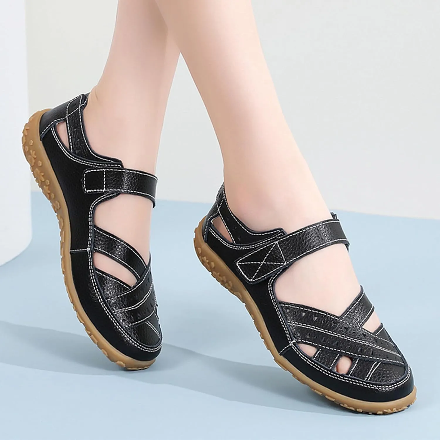 Women's Leather Woven Closed Toe Sandals,Casual Comfy Orthotic Softsole Hook Loop Ankle Strap Cutout Mary Jane Shoes