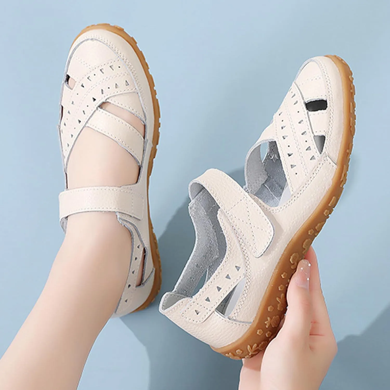 Women's Leather Woven Closed Toe Sandals,Casual Comfy Orthotic Softsole Hook Loop Ankle Strap Cutout Mary Jane Shoes