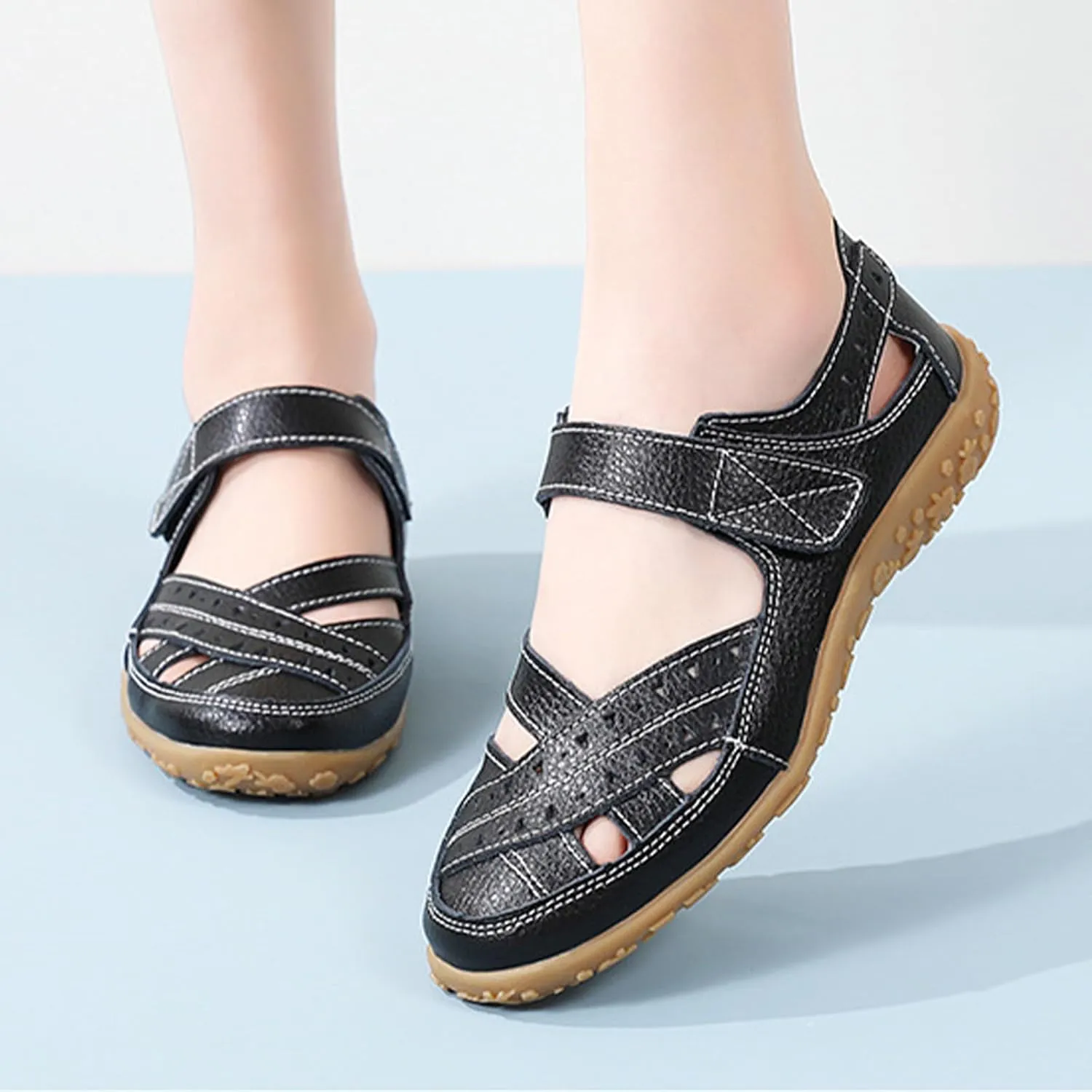 Women's Leather Woven Closed Toe Sandals,Casual Comfy Orthotic Softsole Hook Loop Ankle Strap Cutout Mary Jane Shoes