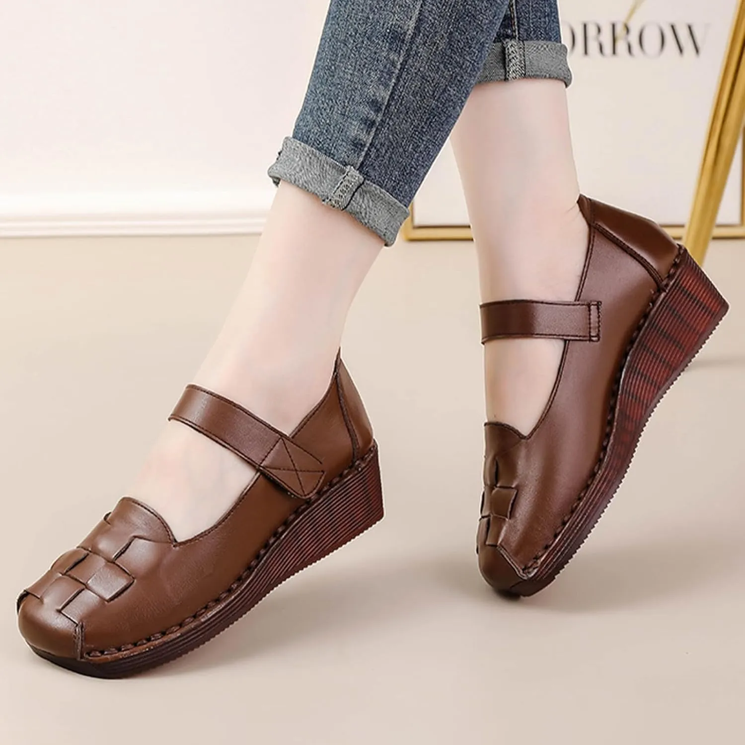 Women's Leather Woven Closed-toe Wedge Sandals,Casual Comfy Cutout Ankle Strap Oxford Softsole Dress Mary Jane Shoes