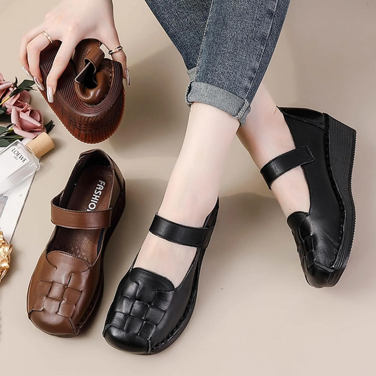 Women's Leather Woven Closed-toe Wedge Sandals,Casual Comfy Cutout Ankle Strap Oxford Softsole Dress Mary Jane Shoes